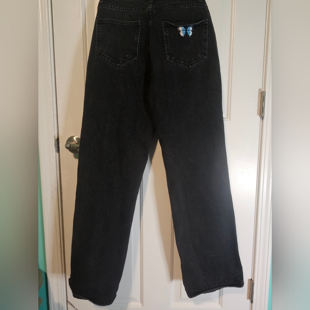 SHEIN Wide-Leg Jeans Black w/ Blue Butterfly on Back Pocket Women's Sz M (US 6)